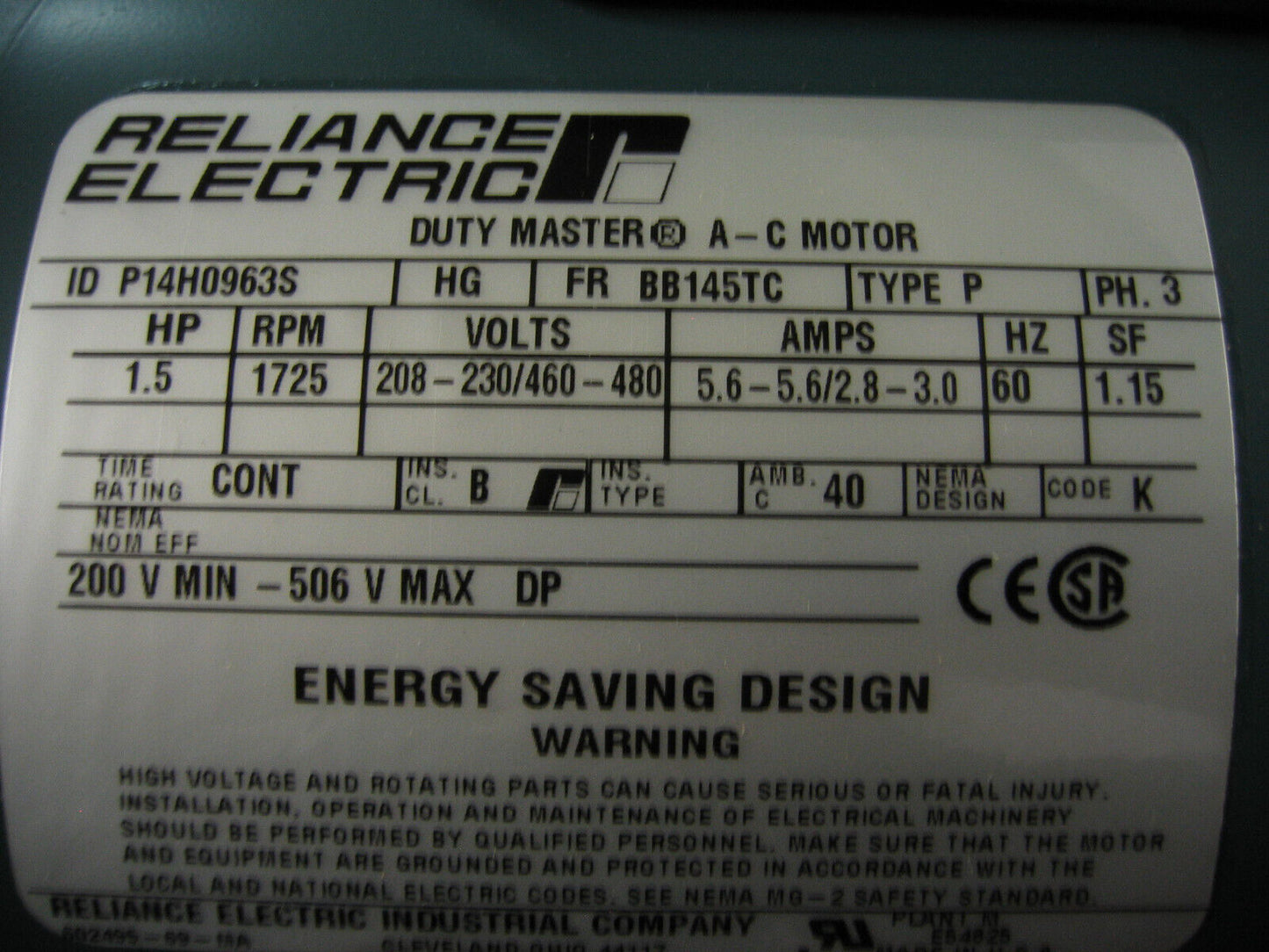 RELIANCE ELECTRIC DUTY MASTER® A-C MOTOR ID: P14H0963S W/ DUTY MASTER® UNIBRAKE