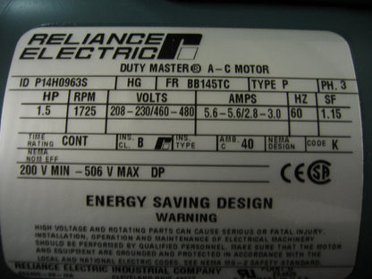 RELIANCE ELECTRIC DUTY MASTER® A-C MOTOR ID: P14H0963S W/ DUTY MASTER® UNIBRAKE