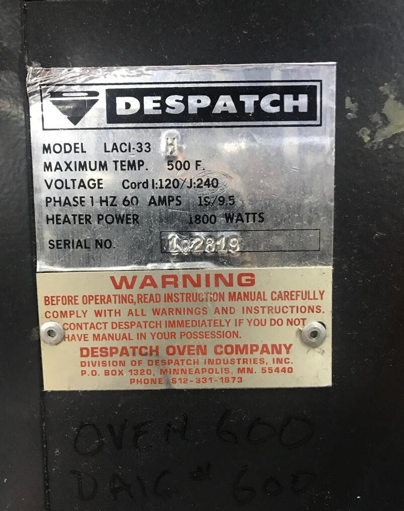 ディスパッチ LACI-33 LACI-33H オーブン 最高温度 500F PH1 60HZ 19/9.5AMPS ヒーター 1800W