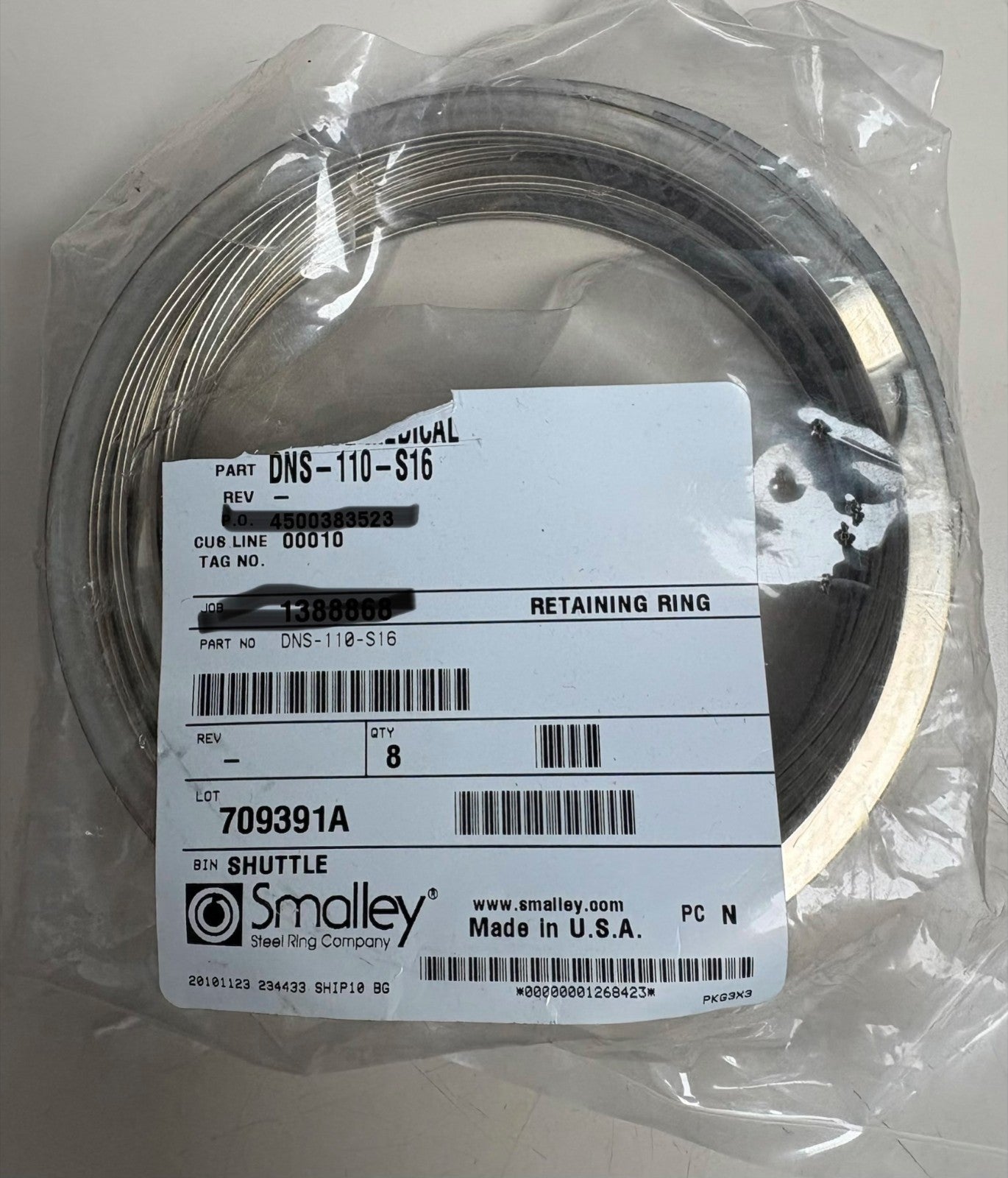 SMALLEY 316 SS RETAINING EXTERNAL RING DNS-110-S16 - 1 PACKAGE QTY 8 RINGS