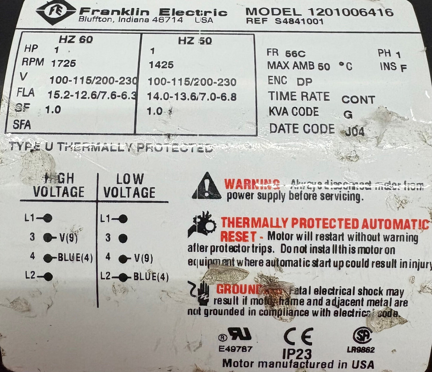 FRANKLIN ELECTRIC 1201006416 1 HP RPM 1725 For Varian Tri-Scoll Pump - FOR PARTS