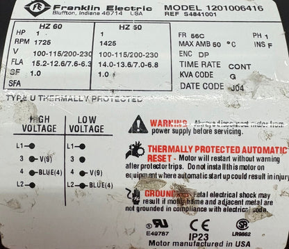 FRANKLIN ELECTRIC 1201006416 1 HP RPM 1725 For Varian Tri-Scoll Pump - FOR PARTS