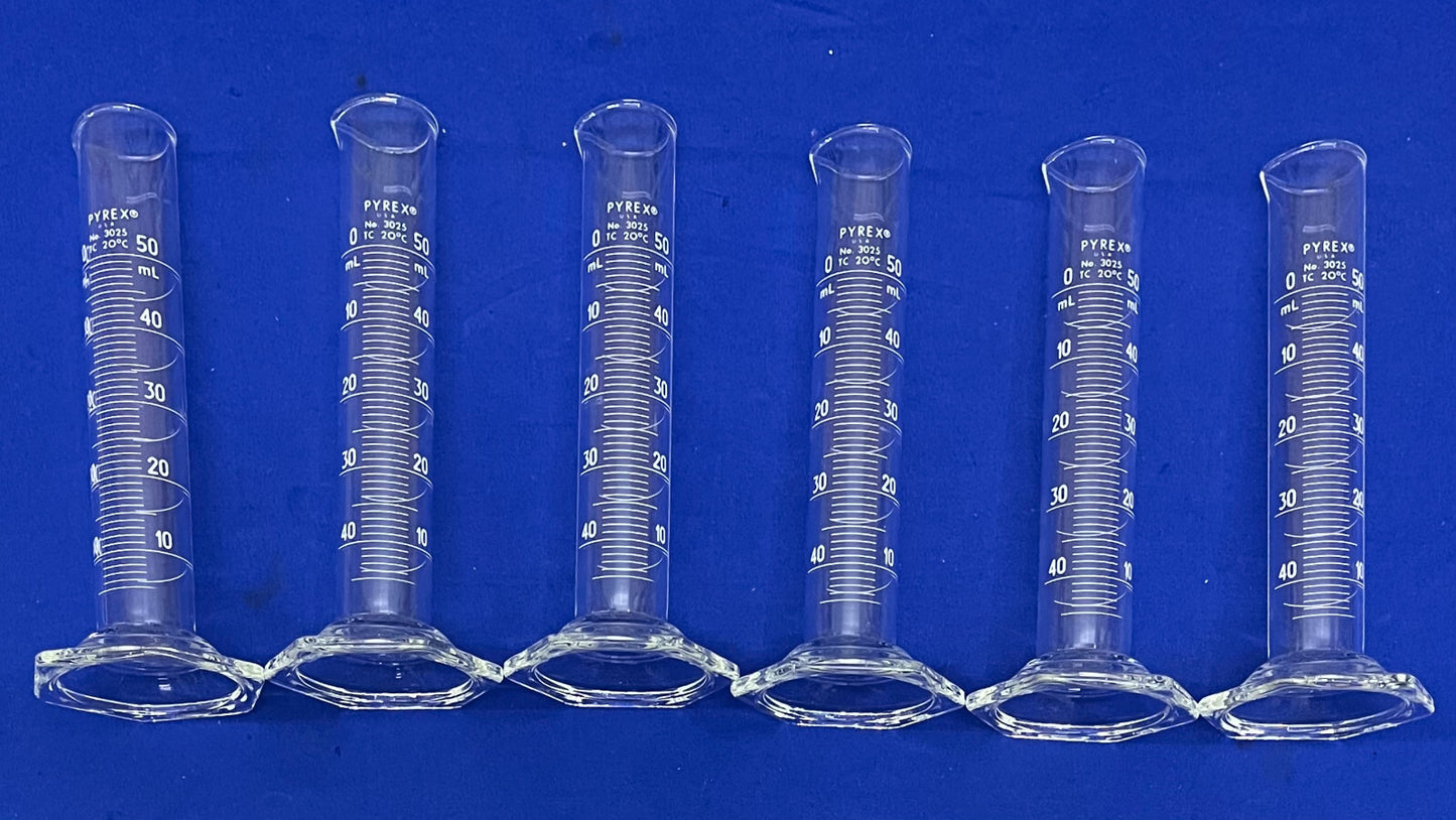 PYREX ® CORNING GLASS 3025-50 CILINDRO DOPPIA SCALA METRICA 50mL - 1 LOTTO QTY 6