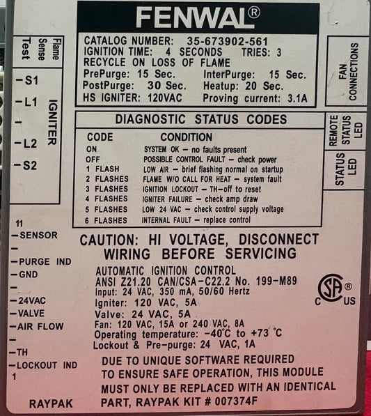RAYPAK ®  FENWAL ® 35-673902-561 IGNITION CONTROL MODULE 24VAC
