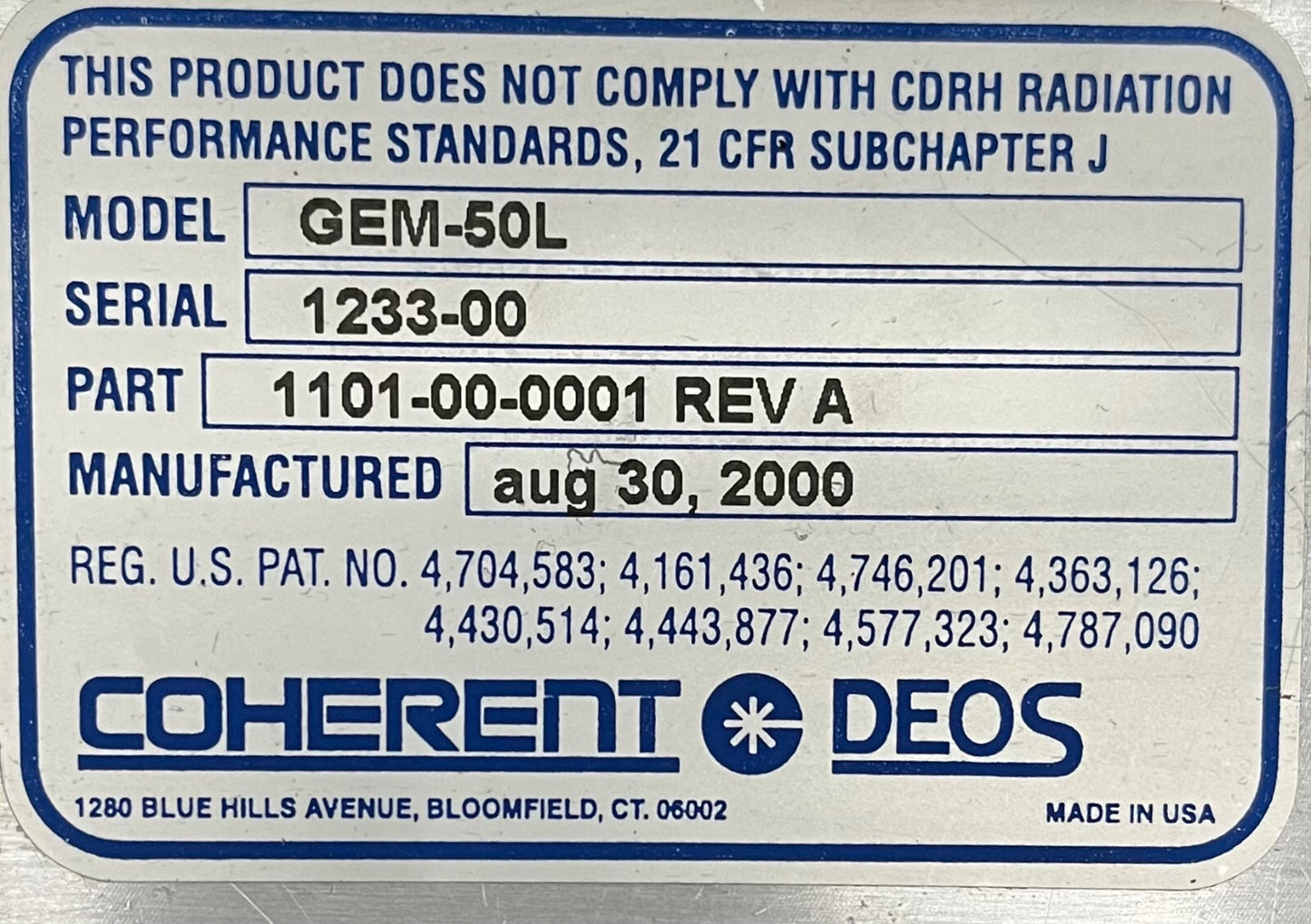 COHERENT GEM 50 DEOS / GEM-50L レーザーヘッド 1101-00-0001 REV A - 部品/修理