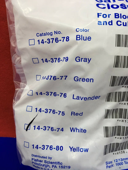 1 PACKAGE - FISHER SCIENTIFIC SAFETY CLOSURES 14-376-74 WHITE SIZE:12/13mm