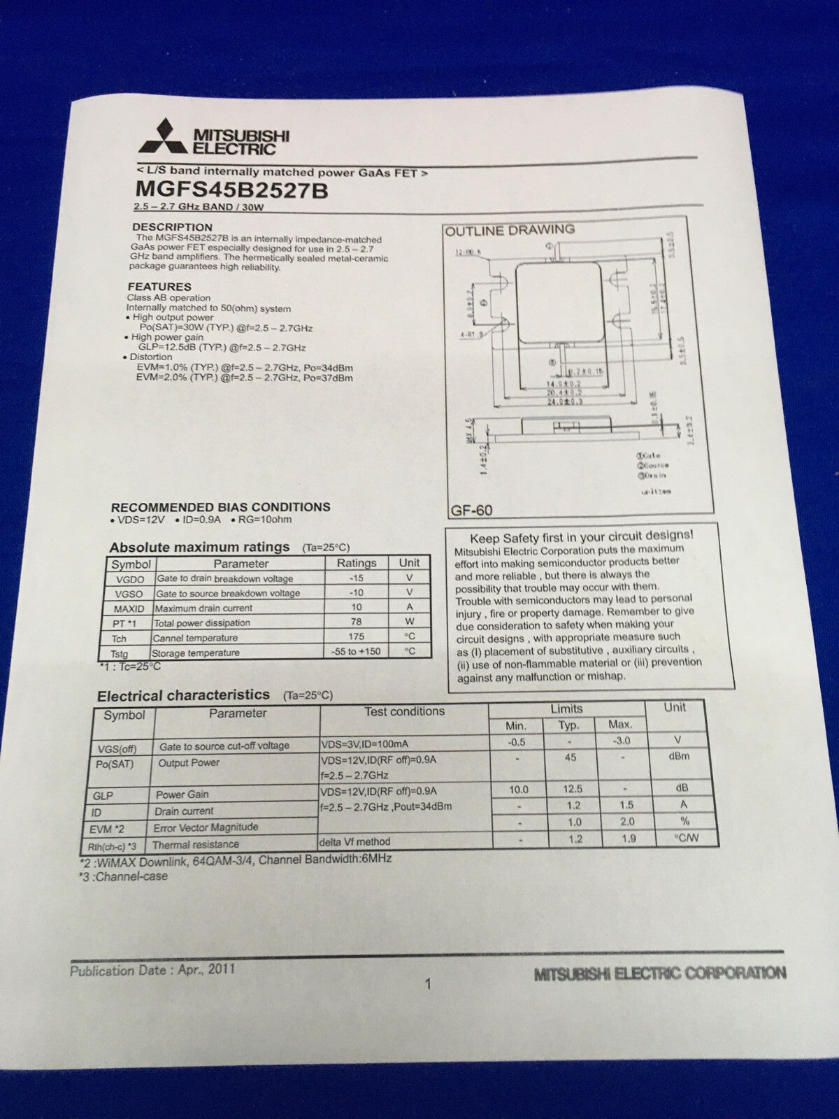 73 pièces - MITSUBISHI ELECTRIC MGFS45B2527B-01 GaAs FET 2,5-2,7 6 Hz