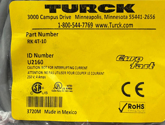 TURCK RK 4T-10 ID# U2160 CORDSET SINGLE ENDED (PIGTAIL) 3 WIRE 10 METER - QTY 2