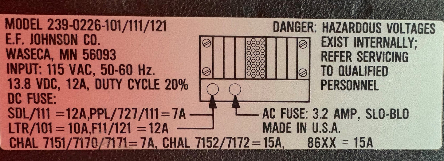 EF JOHNSON DC SPEAKER POWER SUPPLY 239-0226-101/111/121 115VAC 50/60HZ 13.8VDC