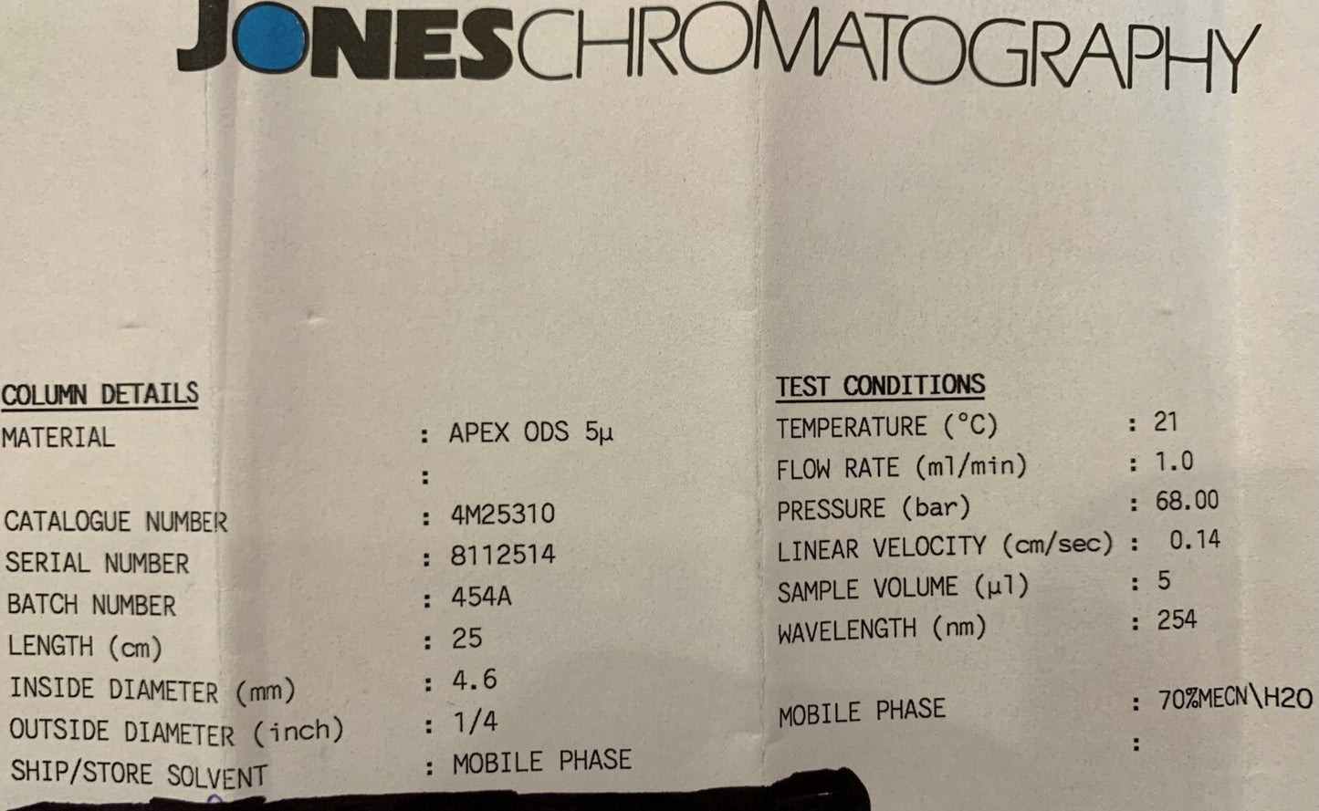 COLONNE HPLC DE CHROMATOGRAPHIE JONES 4M25310 