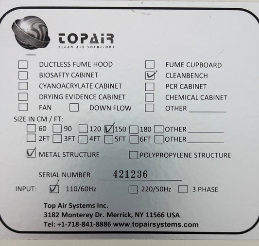 Topair Clean Air Solutions Clean Top 5' Hepa Bench
