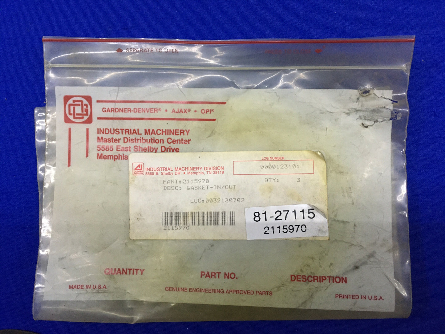 3個入り1パック - GARDNER-DENVER 2115970 / 81-27115 ガスケット IN/OUT