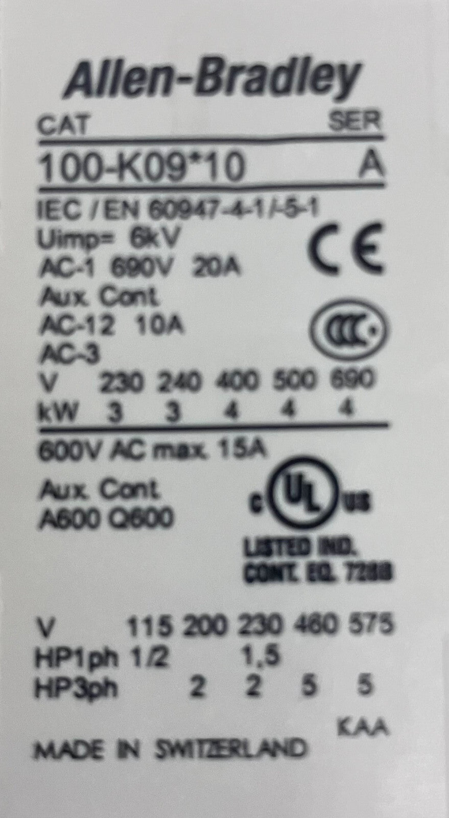 ALLEN BRADLEY, AB, ALLEN-BRADLEY 100-K09*10 SER A CONTATTORI LOTTO DI 2