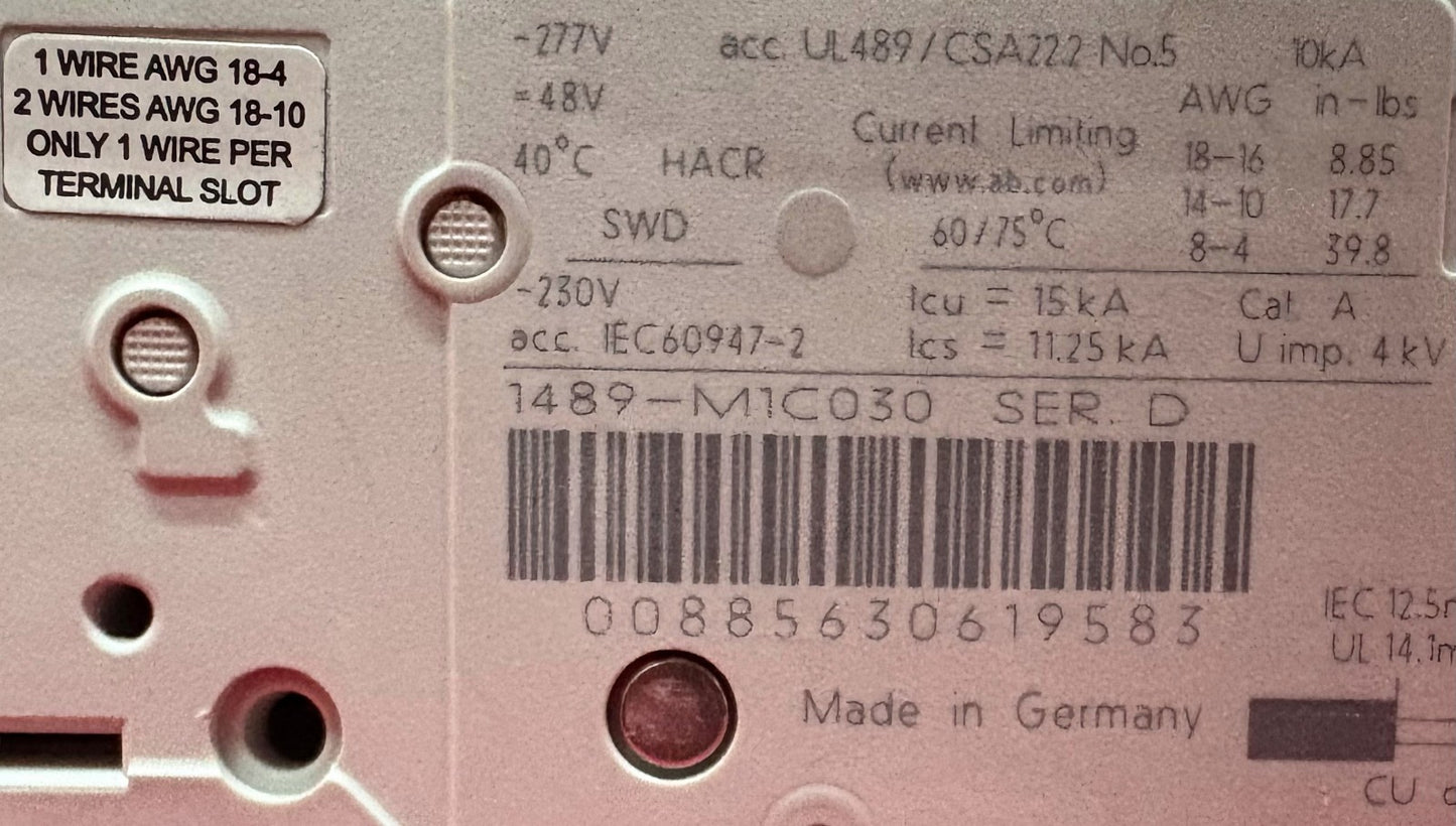 AB 1489-M1C030 SINGLE POLE CIRCUIT BREAKER -2 EATON  Z-SVUL-16/1P-1TE/6 -  QTY 2