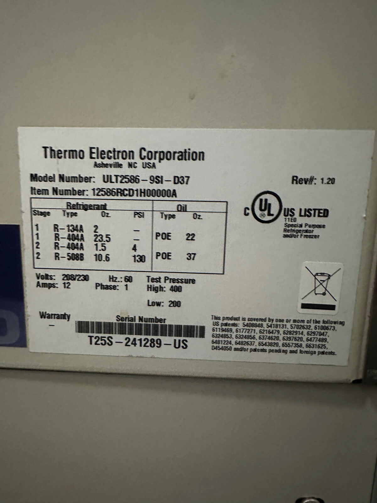 THERMO ELECTRON CORPORATION / REVCO ULT2583-9SI-D37 FREEZER. 208/230 V 60 HZ