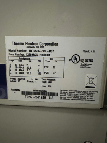 THERMO ELECTRON CORPORATION / REVCO ULT2583-9SI-D37 FREEZER. 208/230 V 60 HZ