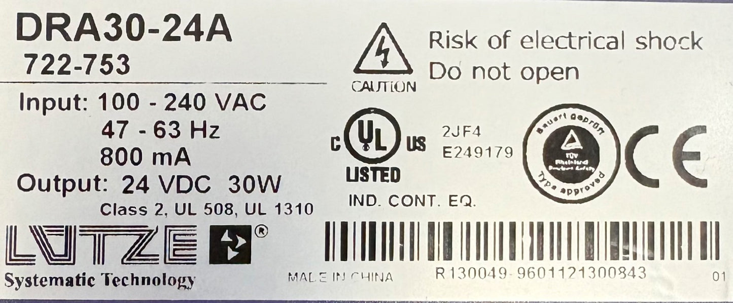 LUTZE / Luetze 電源 DRA30-24A / 722-753 24VDC 30W - 1 ロット数量 2