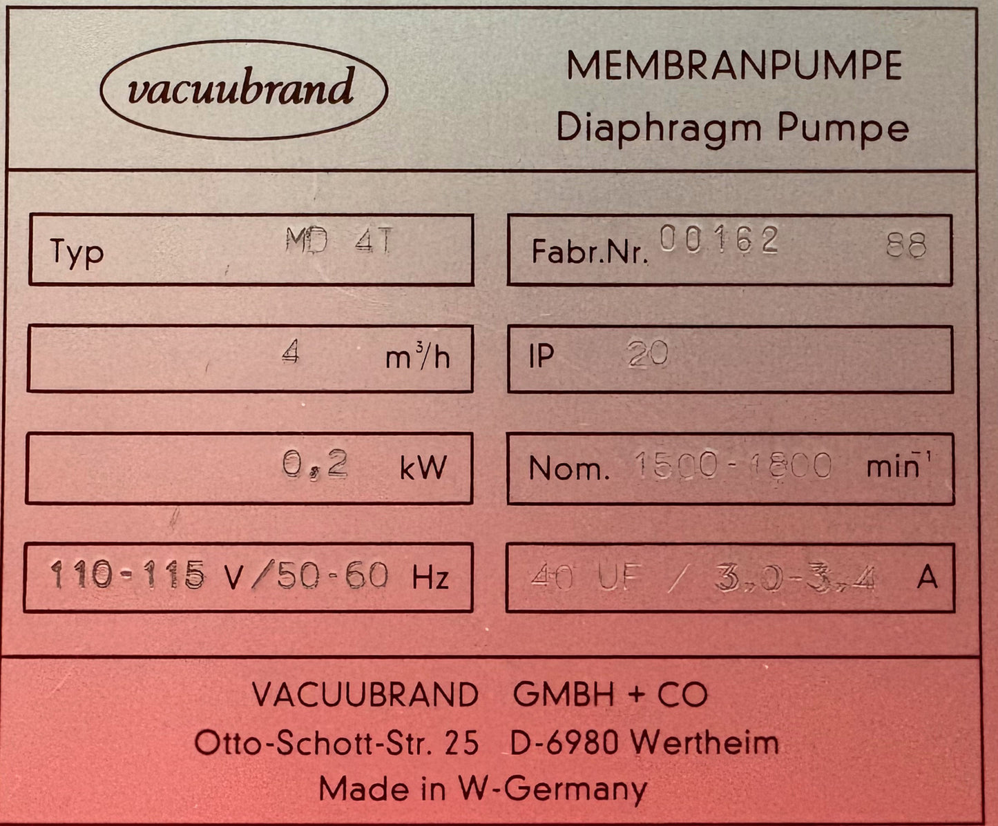 VACUUBRAND MD-4T DIAPHRAGM VACUUM PUMP 110-115V 40UF NOM 1500-1800
