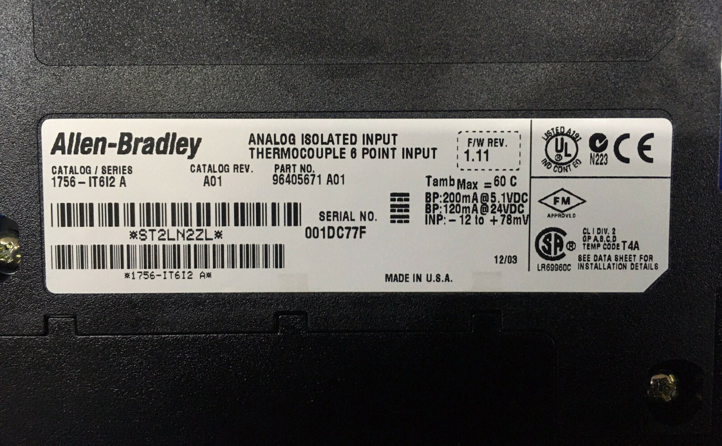 Allen-Bradley AB 1756-IT612 1756IT612 SER UN TERMOPAR DE ENTRADA AISLADA ANALÓGICA