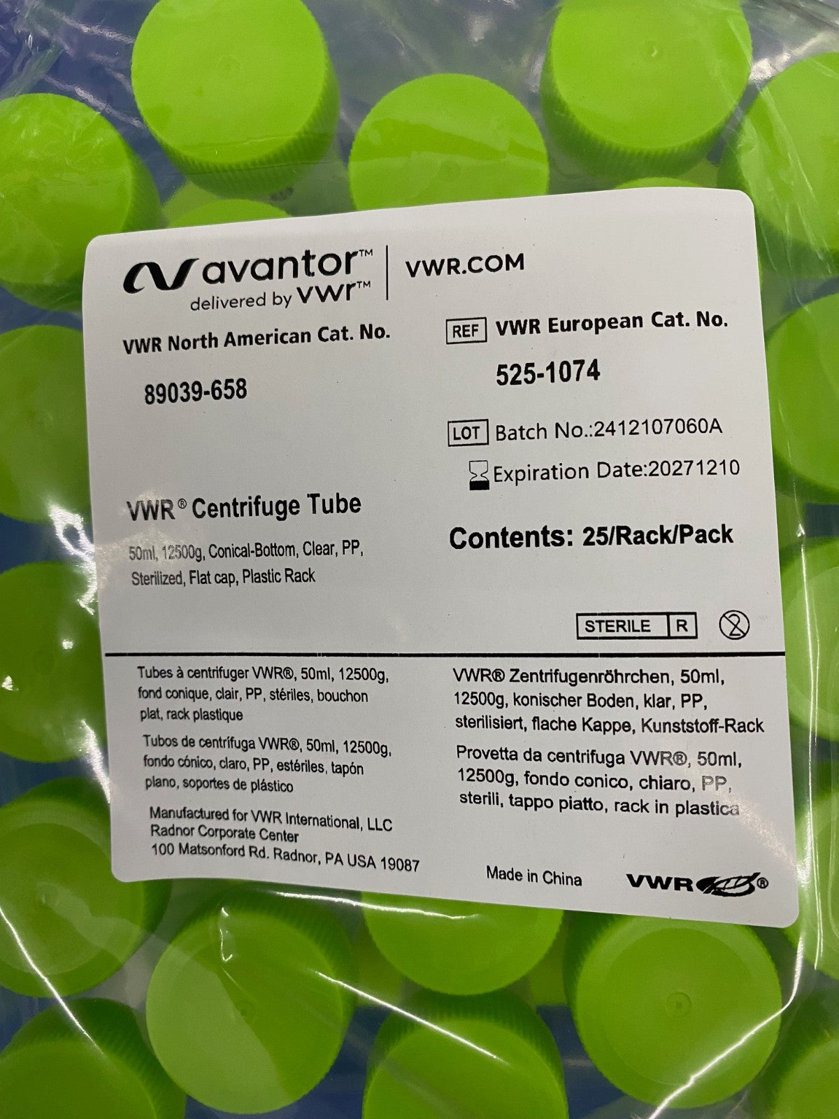 VWR™ 89039-658 CENTRIFUGE TUBE 50mL CONICAL-BOTTOM CLEAR - 5 PKGS OF 25 TUBES EA