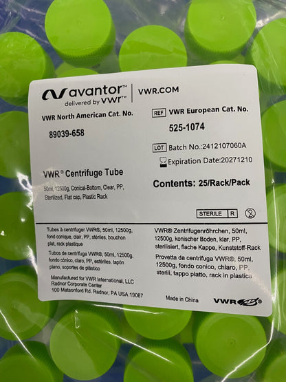 VWR™ 89039-658 CENTRIFUGE TUBE 50mL CONICAL-BOTTOM CLEAR - 5 PKGS OF 25 TUBES EA