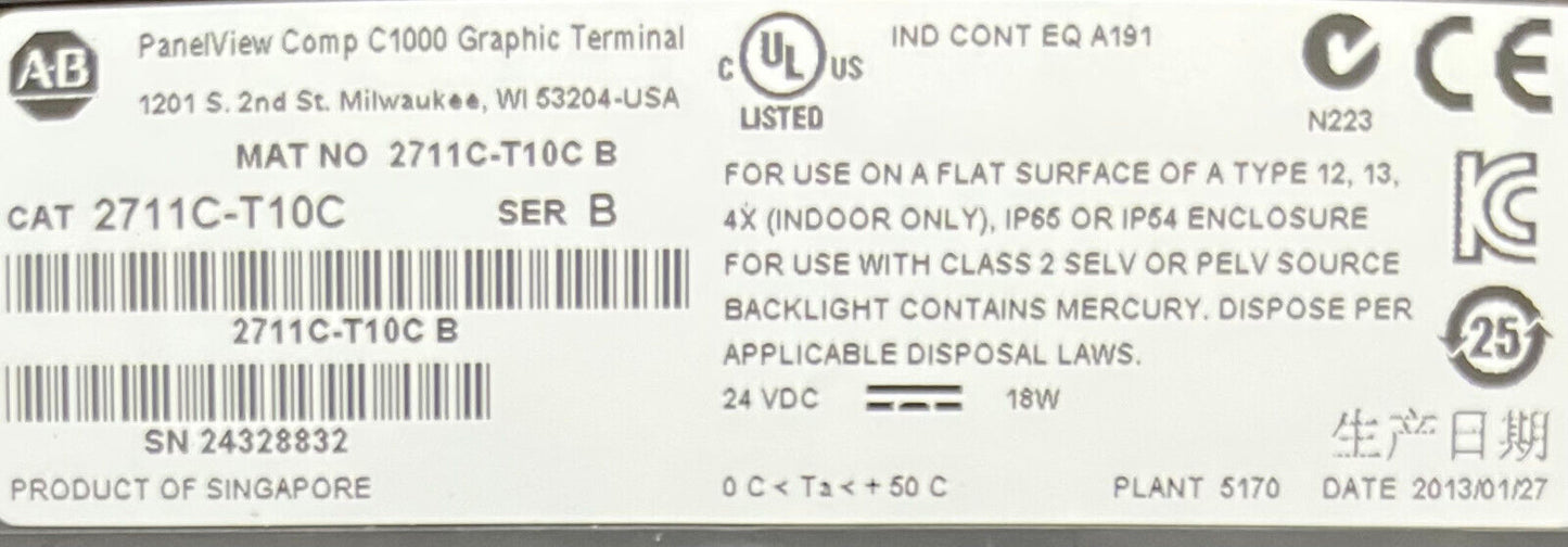 Interfaz de pantalla táctil a color de 10" Allen Bradley PANELVIEW C1000 2711C-T10C SER B