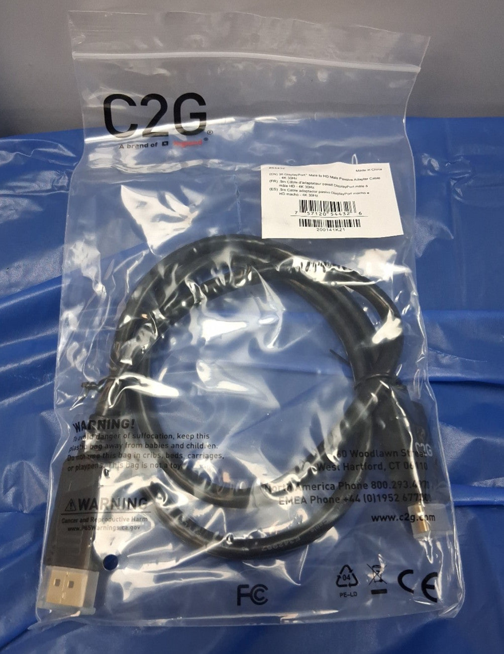 C2G 54432 3FT DISPLAY PORT MALE TO HD MALE PASSIVE ADAPTER CABLE 4K 30 HZ NEW