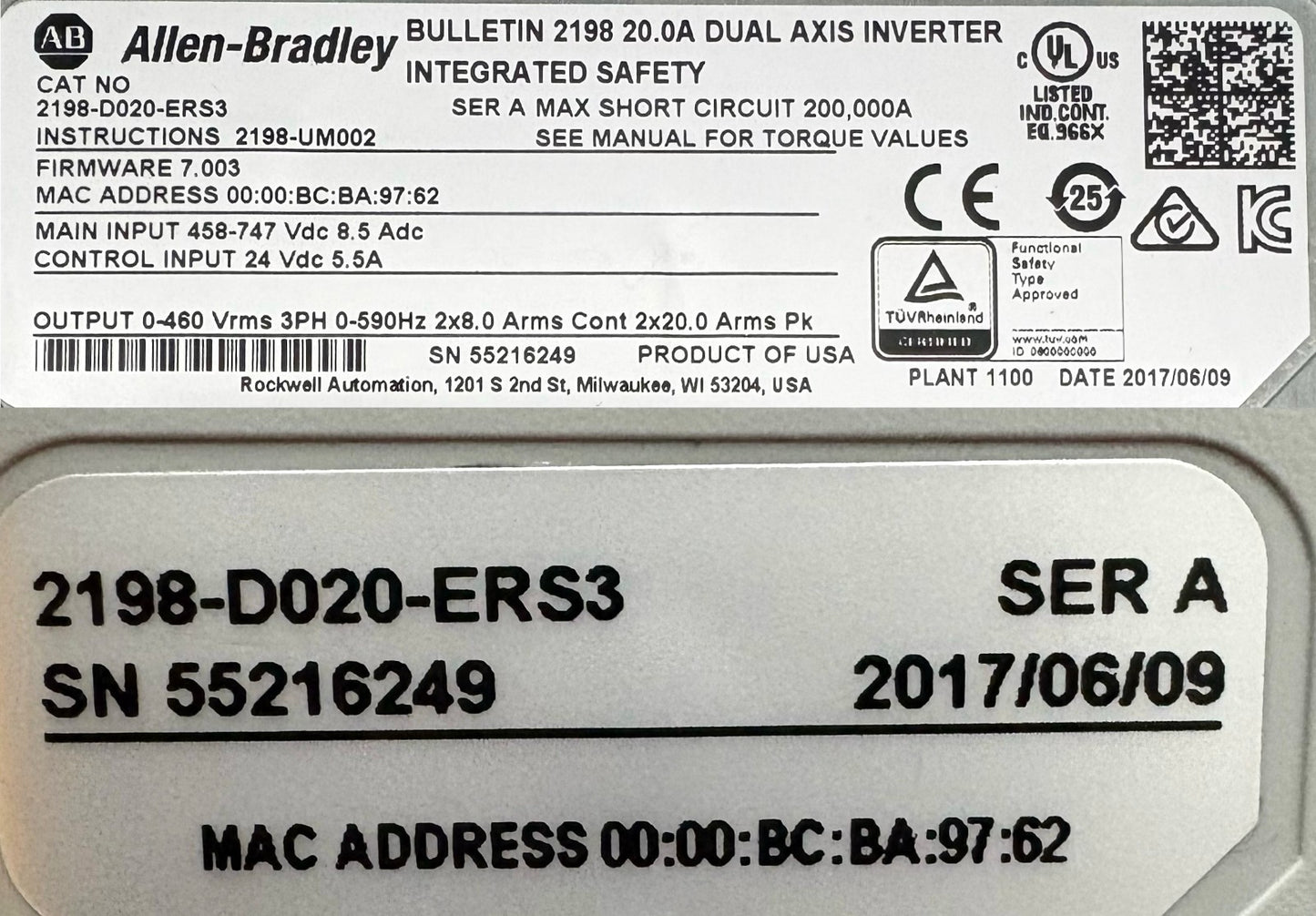 Allen Bradley AB 2198-D020-ERS3 KINETIX 5700 PN: 209776 SER A - PARTS/REPAIR