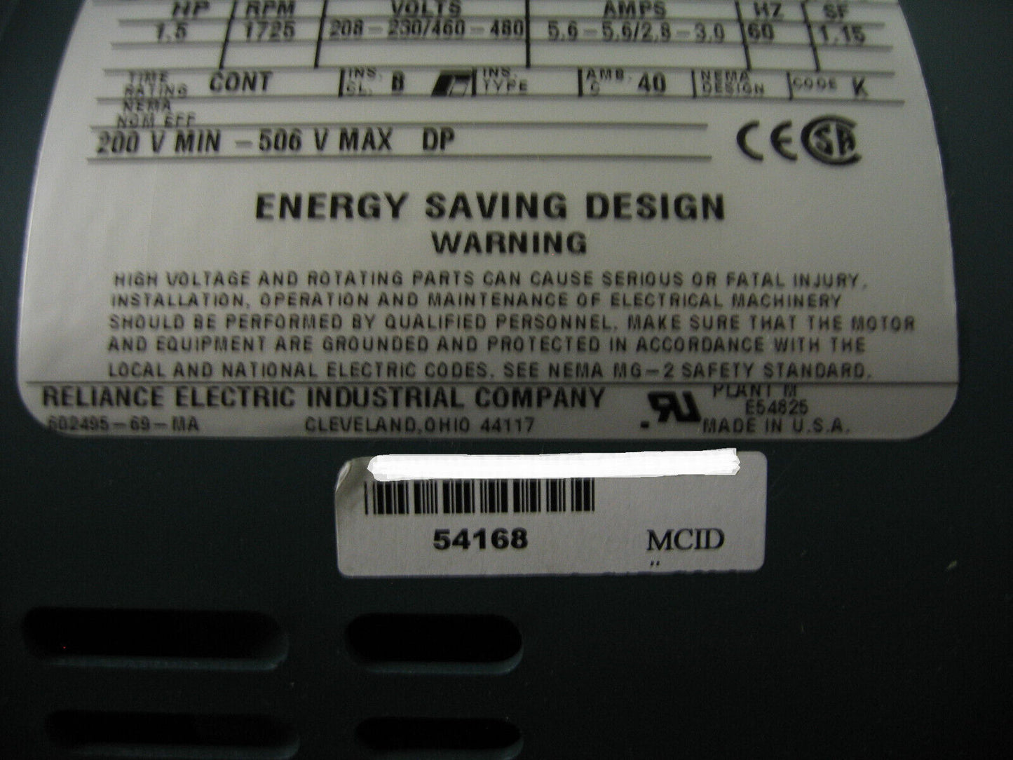 RELIANCE ELECTRIC DUTY MASTER® A-C MOTOR ID: P14H0963S W/ DUTY MASTER® UNIBRAKE