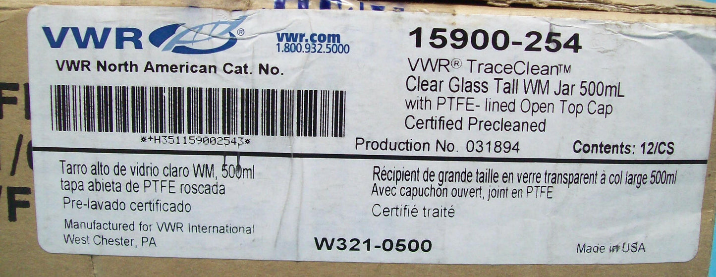 VWR CAT NO 15900-254 TARRO ALTO DE VIDRIO TRANSPARENTE TRACECLEAN 500 ML