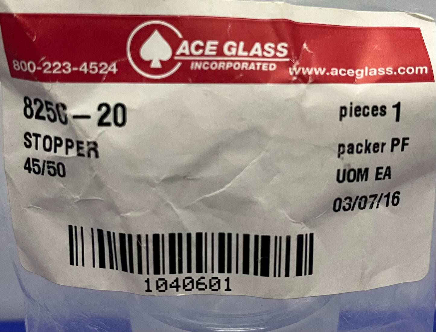 ACE GLAS 8250-20 HOLLE GLASSTOPPER MET VOLLEDIGE LENGTE 45/50 VOEG - 1 PARTIJ HOEVEELHEID 2