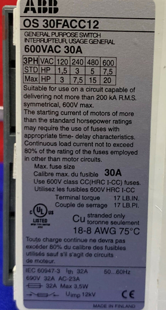 PARTS/REPAIR ABB OS 30FACC12 Fused Disconnect 600 General Purpose Switch