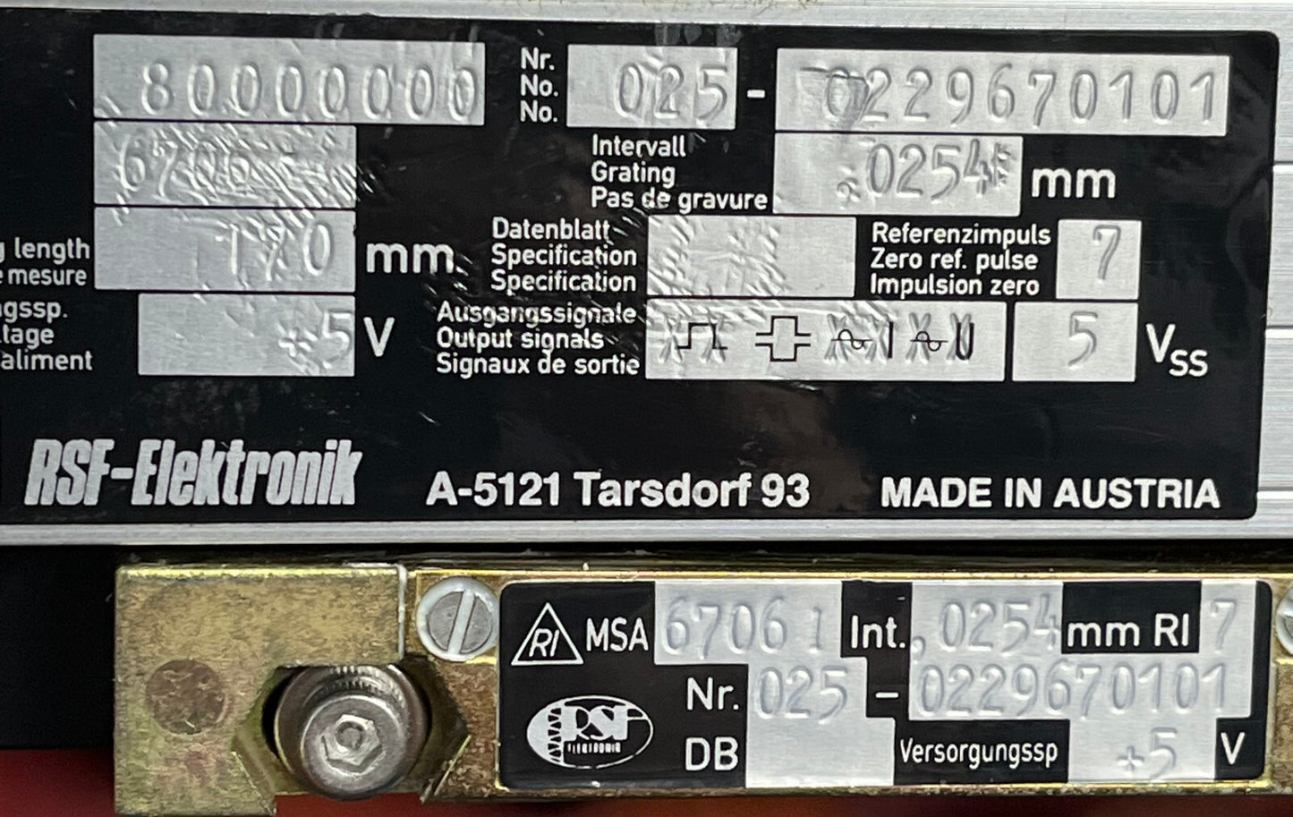 RSF ELEKTRONIK MSA 6706 67061 170 MM LINEAR-ENCODER MIT Parker Daedal 106061C20ELH