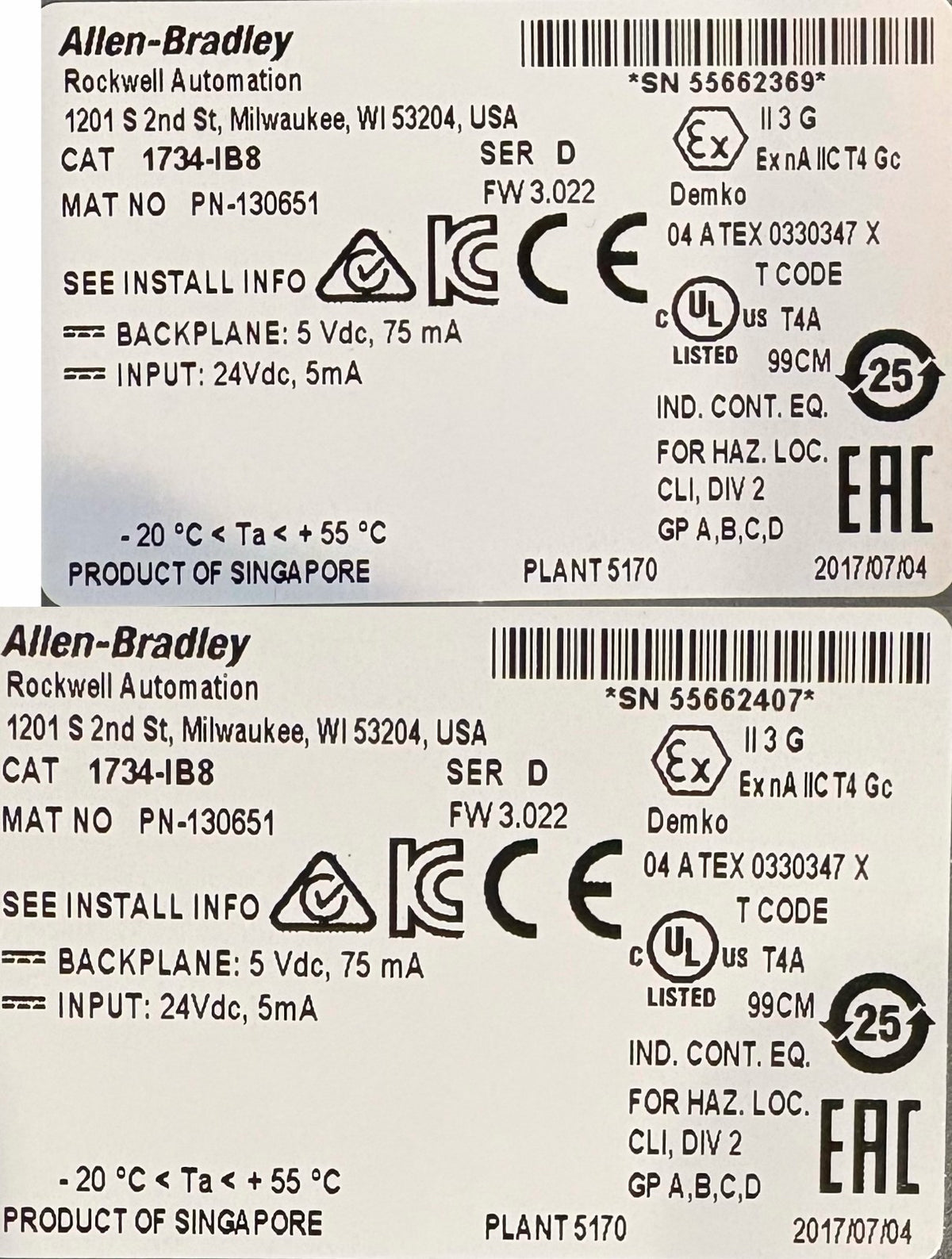 Allen Bradley AB 1734-IB8 SER D PN-130651 24VDC 8-CHANNEL DIGITAL MODULE - QTY 2