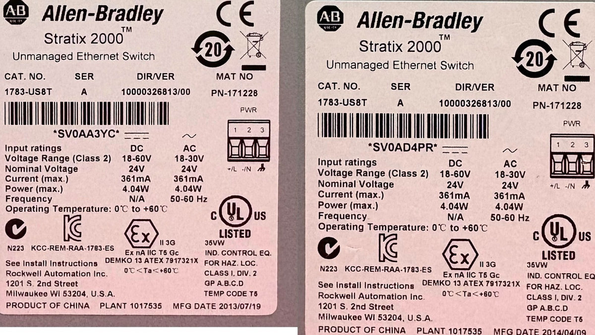Allen Bradley AB 1783-US8T SER A STRATIX 2000™ UNMANAGED ETHERNET SWITCH - QTY 2