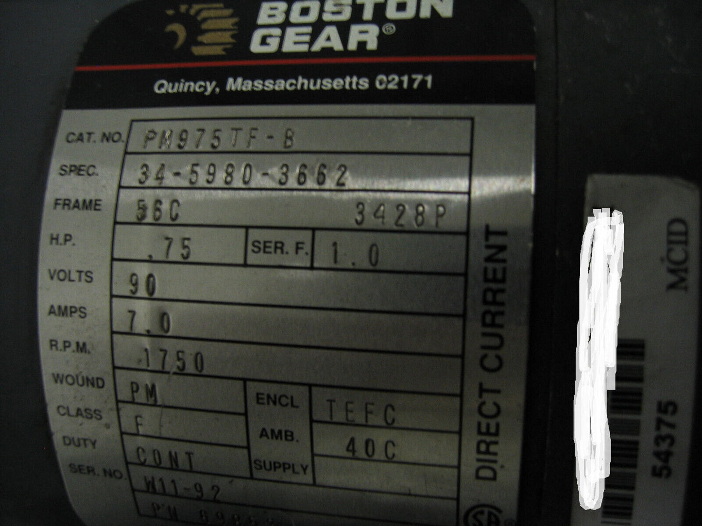 BOSTON GEAR DC MOTOR CAT # PM975TF-B 3/4 HP 90 VOLTS - FOR PARTS/REPAIR