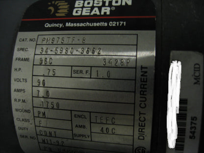 BOSTON GEAR DC MOTOR CAT # PM975TF-B 3/4 HP 90 VOLTS - FOR PARTS/REPAIR