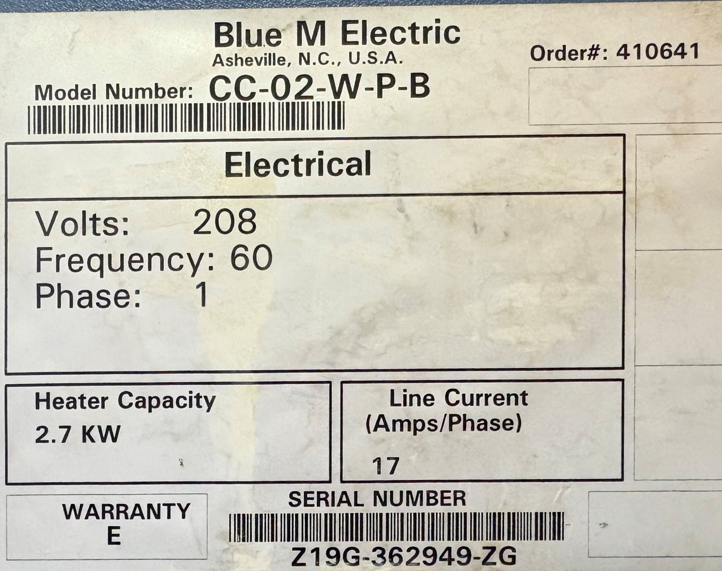 BLUE M ELECTRIC CONVENTIONAL FLOOR OVEN MECHANICAL CONVECTION CC-02-W-P-B 208V