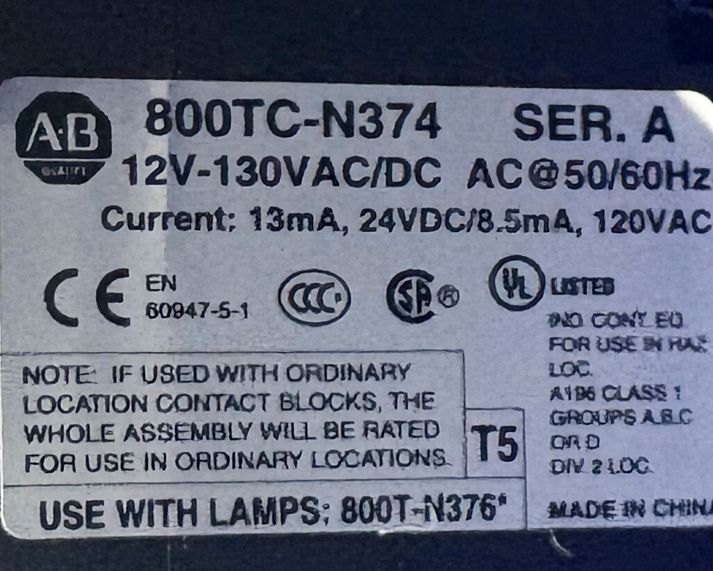 Allen Bradley 800H-QPTH2M SER D LED PILOT LIGHT HAZ LOC PUSH BUTTON & 800TC-N374