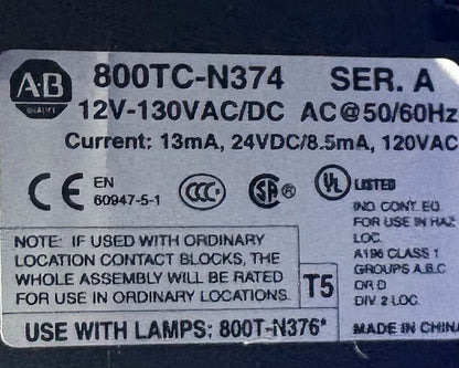 Allen Bradley 800H-QPTH2M SER D LED PILOT LIGHT HAZ LOC PUSH BUTTON & 800TC-N374