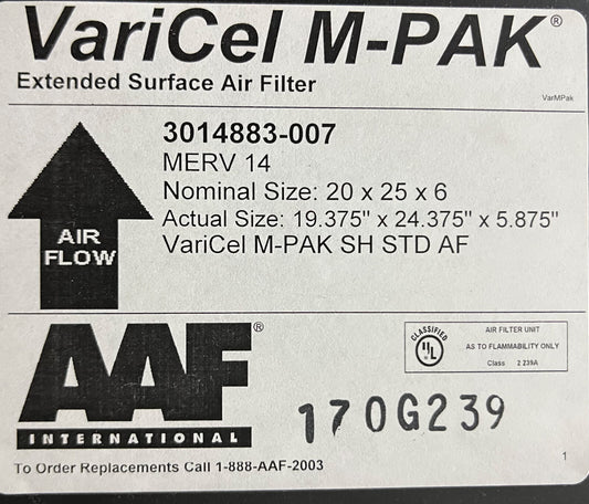 AAF® VARICEL M-PAK® 3014883-007 20”x25”x 6” MERV 14 VARICEL M-PAK - AANTAL 1 FILTER