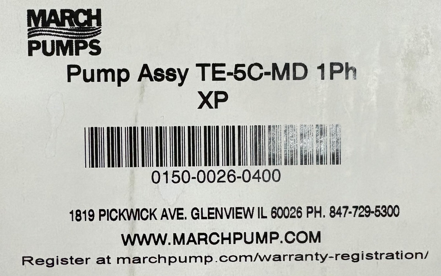 MARCH PUMPS TE-5C-MD 1 PH SN 391532 XP 0150-0026-0400 W/ BALDOR MOTOR CC-550712