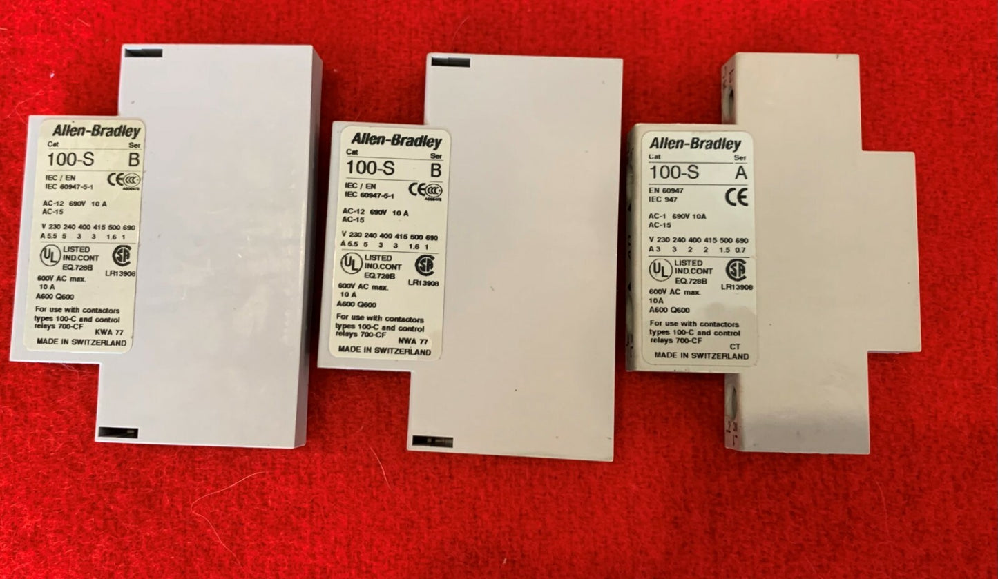 1 Lot of Qty 3 - Allen Bradley 100-S Auxiliary Contact Blocks SEE AD FOR DETAILS