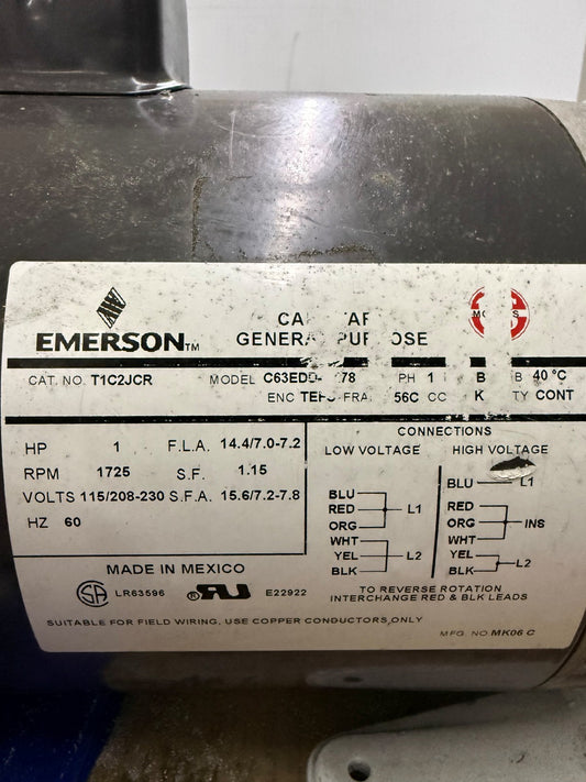 EMERSON T1C2JCR VACUUM PUMP. D8AC HE-200 1 HP 1725 RPM VACUUM PUMP PARTS/REPAIR
