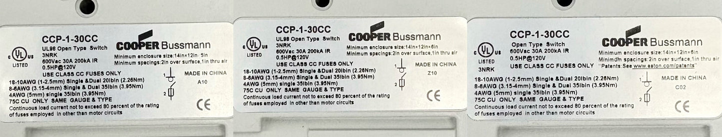 COOPER BUSSMANN CCP-1-30CC / CCP-CC CIRCUIT BREAKER  - 1 LOT QTY 3