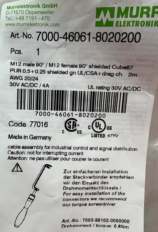 MURR ELECTRONIK 7000-46061-8020200 CABLE M12 Male 90 / M12 Female 90