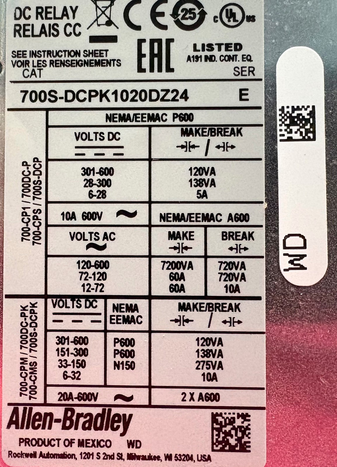 Allen Bradley AB 700S-DCPK1020DZ24 REV E / 700-N24 SER B DC RELAY