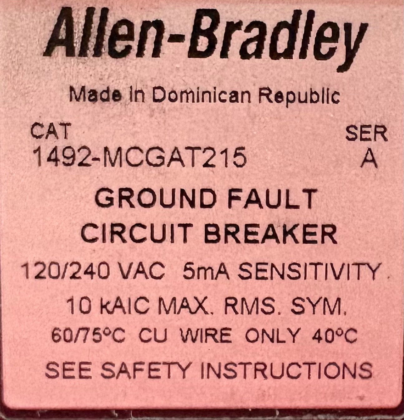 Allen-Bradley 1492-MCGAT215 SER A  15A 2-POLE GFCI GROUND FAULT CIRCUIT BREAKER
