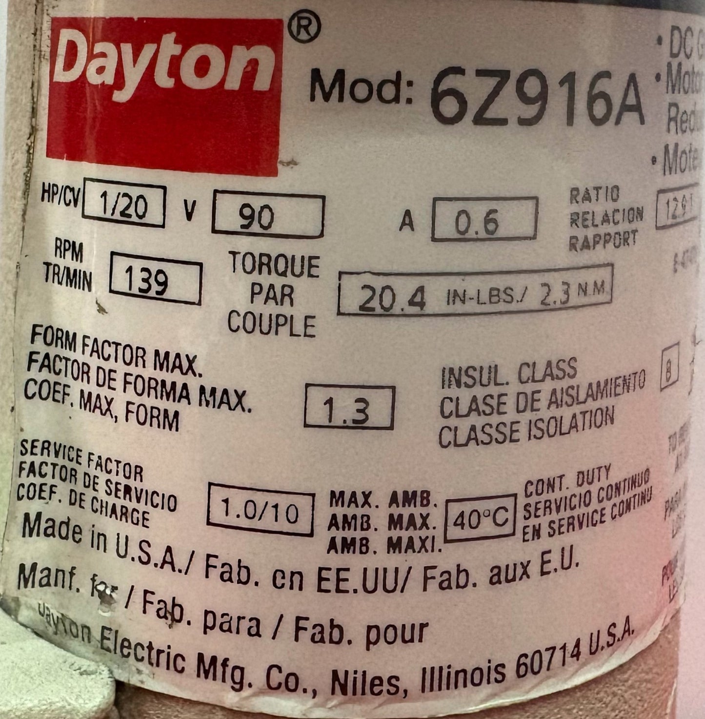 DAYTON 6Z916A DC GEARMOTOR 90V - FOR PARTS/REPAIR