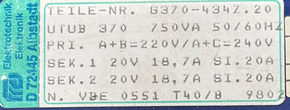 ELEKTROTECHNIK TEILE-Nr G370-434Z.20 POWER SUPPLY TRANSFORMER 750VA